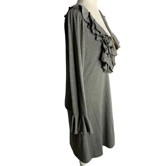 Union of Angels Ruffle Front Sheath Dress M Grey Leather Lace Up Stretch Knit - Picture 5 of 6
